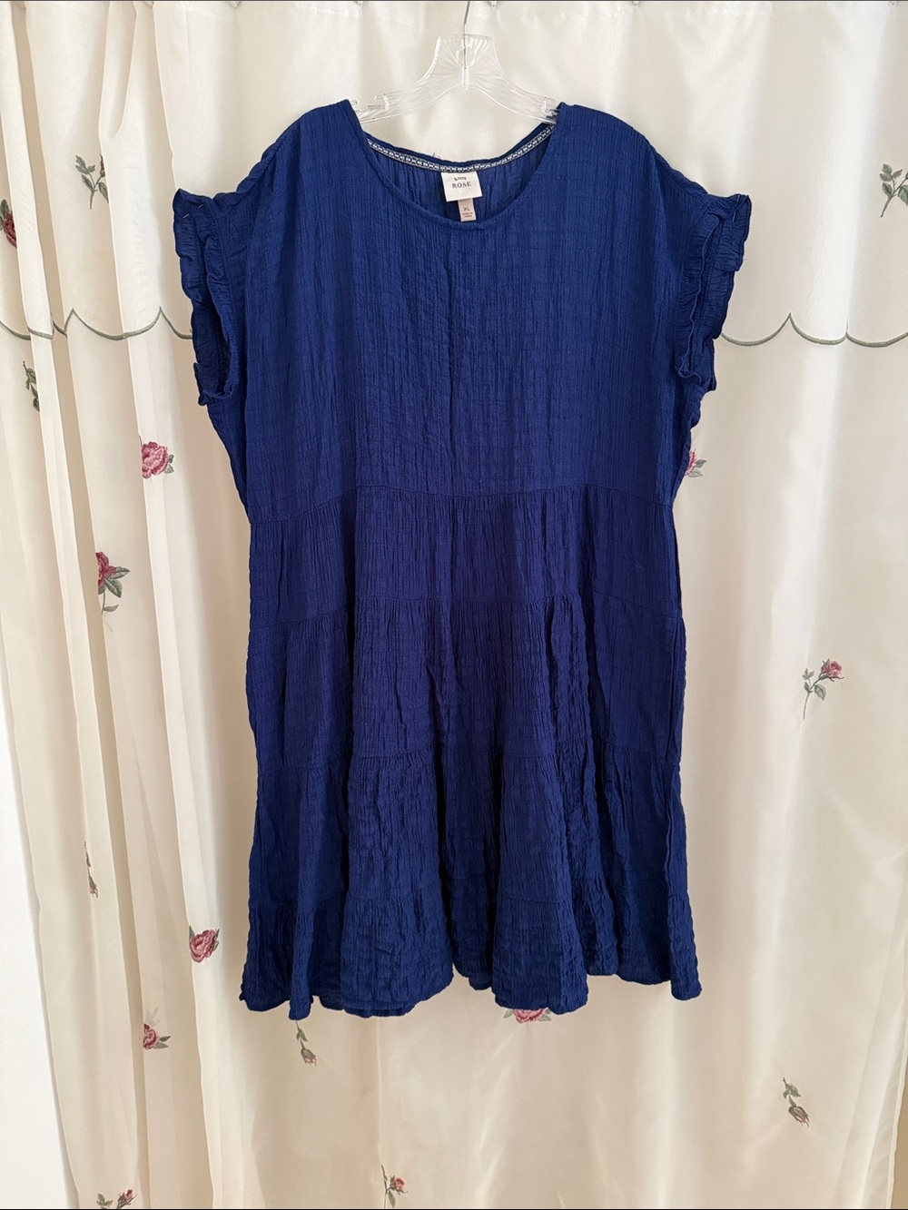 Knox Rose Navy Blue Short-Sleeve Tiered Crinkle Dress
